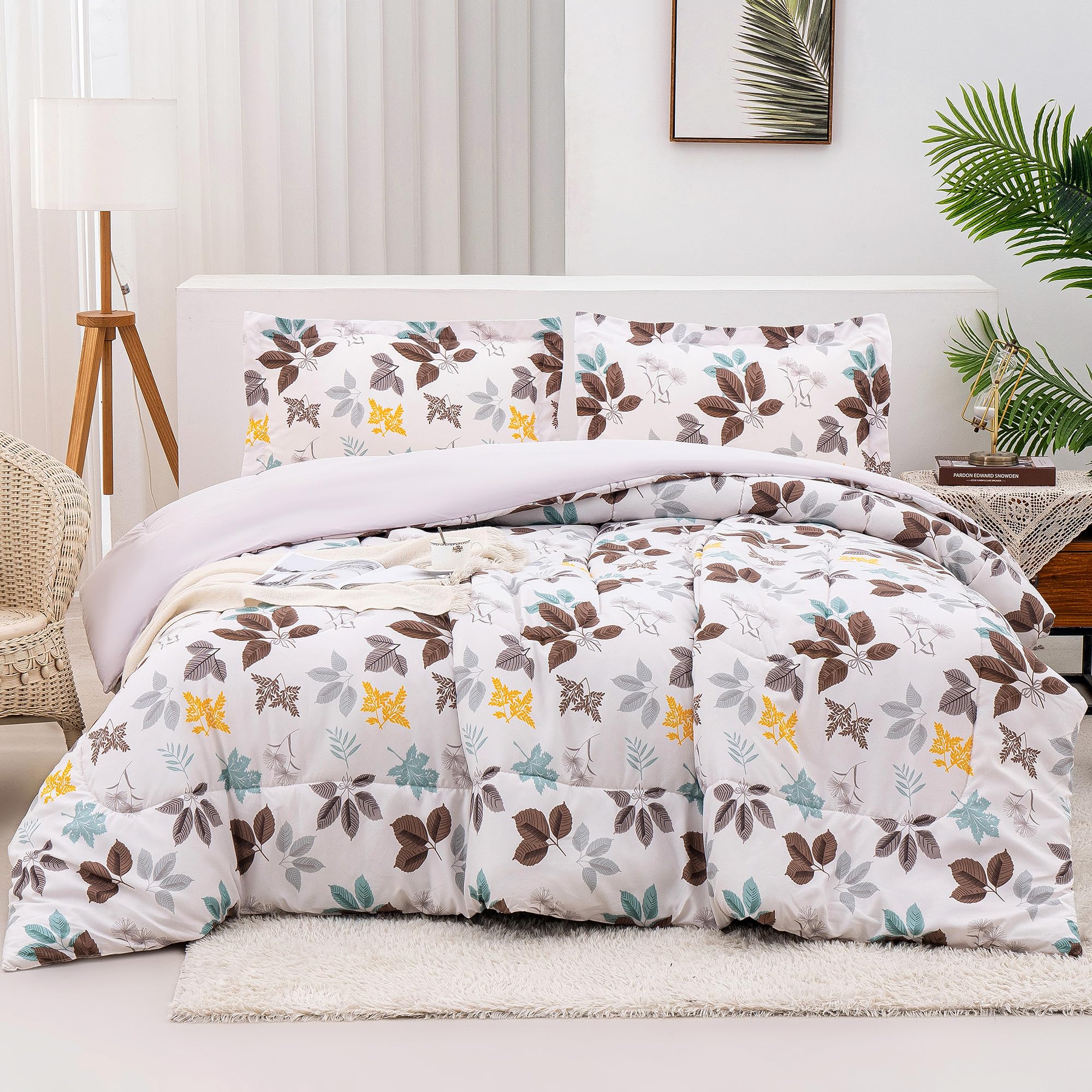 Mooreeke King Comforter Set, Beige Botanical Leaf Printed Bedding Sets, 3 Pieces Vintage Comforters & Sets, 1 Soft Lightweight M